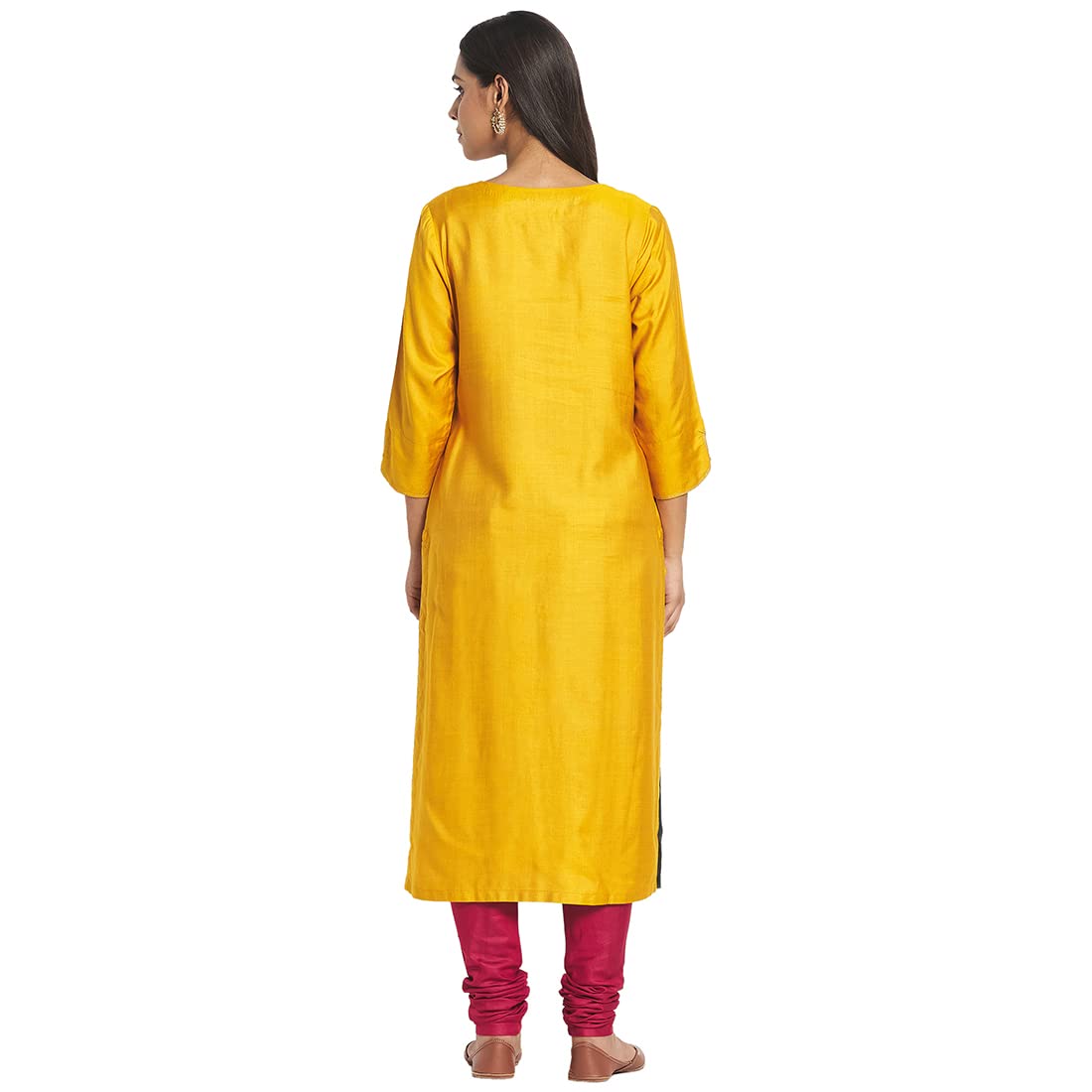 Fabindia Women Viscose Silk Embroidered Long Kurta Yellow_L