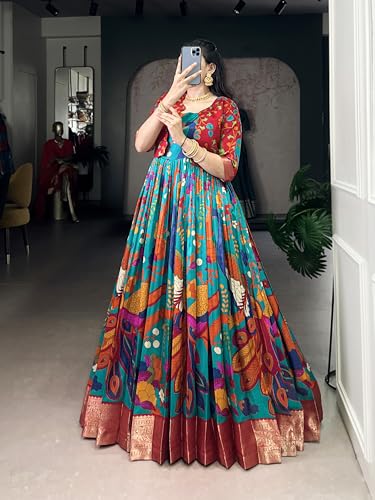 Yana fab Traditional Kalamkari Print Gown with Weaving Work (Firozi)