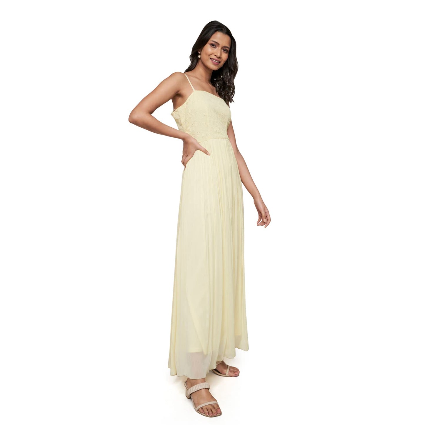 AND Women's Viscose Fit Flare Long Length Gown (EE23AB010MXCHB_Yellow_14)