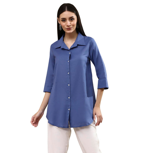 BIBA Women's Cotton Blend Solid Regular Shirts (SLDCR21577EAW24DSBLU_Dusk Blu