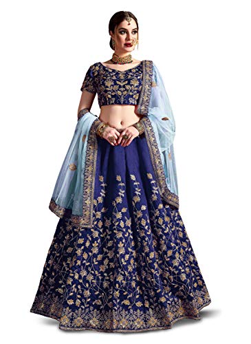 Zeel Clothing Women's Raw Silk Semi-Stitched Lehenga Choli for Women (Wedding-Bridal-Lehenga-7011-Blue-New, Navy Blue_Free Size)