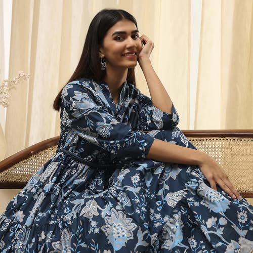 Biba Women Earthy Blue Cotton Dress_38