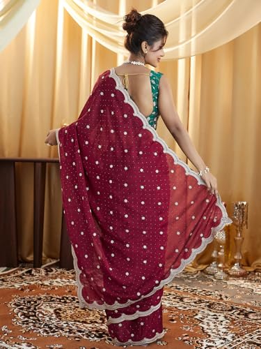 SIRIL Women's Silk Blend Embroidery & Stone Work Saree With Unstitched Blouse Piece (4021S591AA_Maroon)