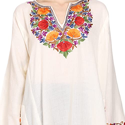 CRAFTBAZAR Kashmiri White phiran with Multi Colour Embroidery 100% Wool Plus Size