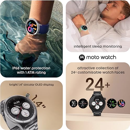 Motorola Moto Watch, 1.4 OLED, AOD, Auto-Brightness, Dual Band GPS, Powered by Polar Smartwatch (Matte Silver/Matte Silver Band Strap, Free Size)