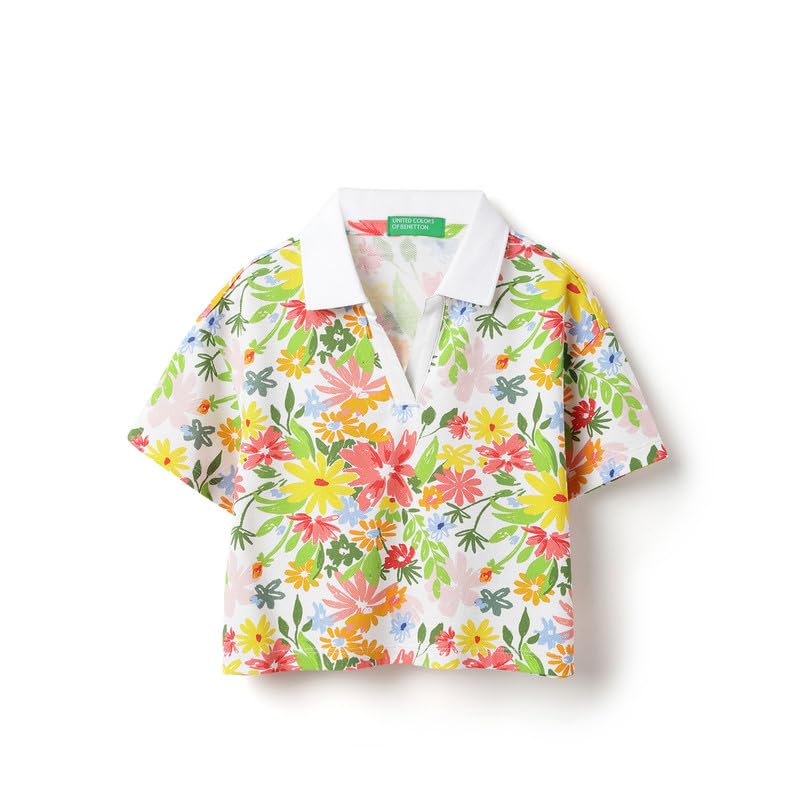 United Colors of Benetton Cropped Fit Johny Collar Floral All Over Print Pique T-Shirt