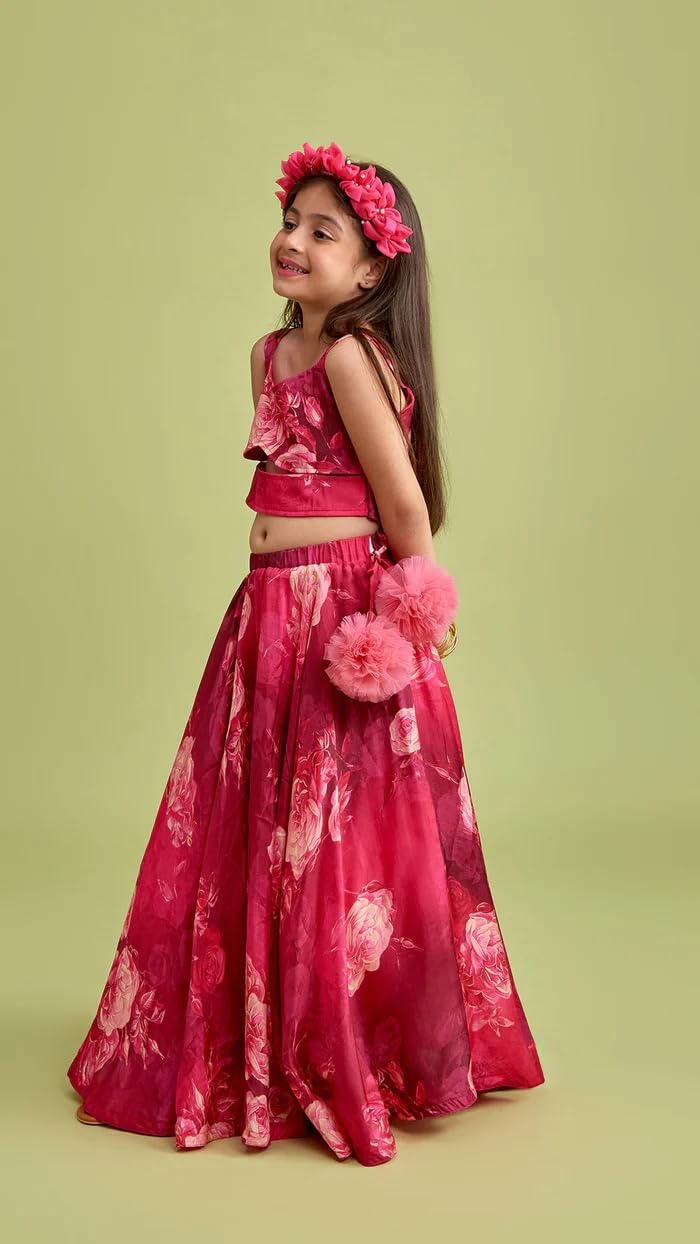 Leons Fab irl's Vibrant Floral Rayon Printed Stylish Crop Top And Lehenga (Pink, 11-12 Years)