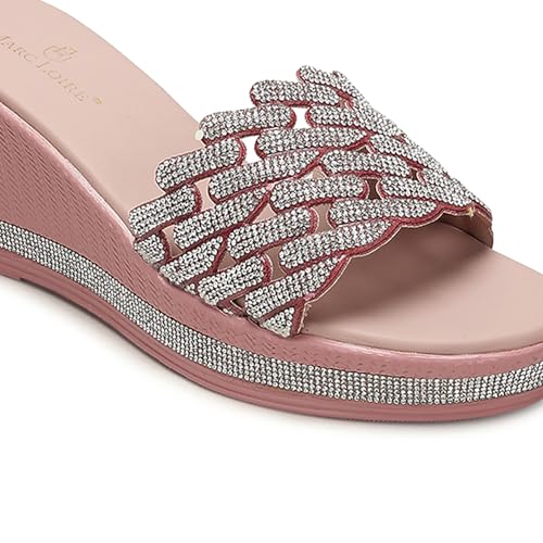 Marc Loire Women Embellished Wedge Heels | Stylish Slip-On Fashion Sandals with Comfortable Sole | Party Footwear (Rose Gold, UK Footwear Size System, Adult, Women, Numeric, Medium, 7)