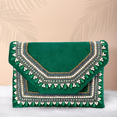 Peora Clutch Women's Purse Bridal Bag For Casual Detachable Strap Evening Sling Bag (Green)-C58GRN