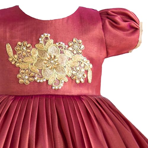 Stanwells Kids Dress for Girls Shade Traditional Applique Kerala Ethnic Silk Frock for Baby Girls Ruffle Pattern Zipper Beautiful Cap Sleeve Birthday Dress for Girls Pink (6-7 Years)