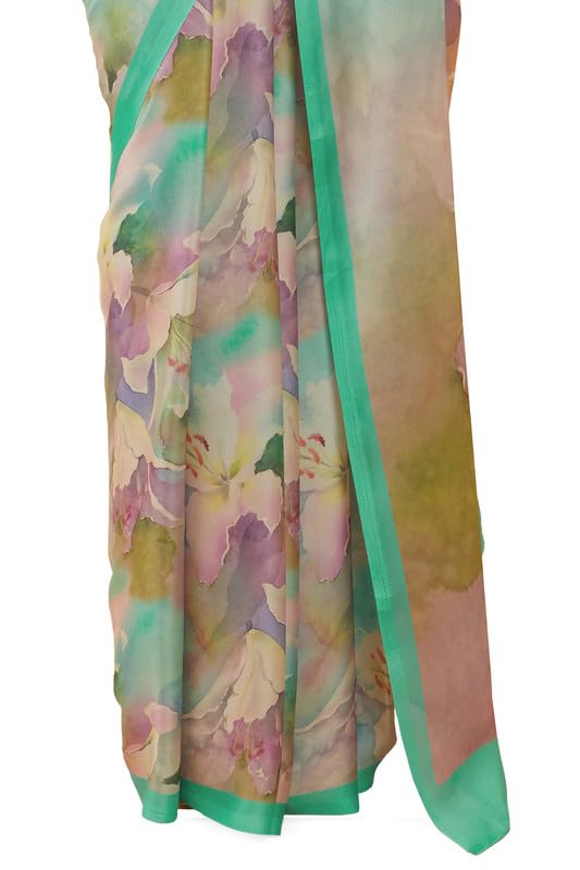 Soch Womens Light Green Botanical Print Crepe Saree