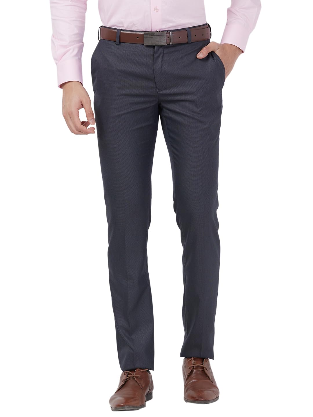 Raymond Men’s Formal Slim Fit Trousers, Structured Pattern Weave, Flat Front Office Wear | Dark Grey