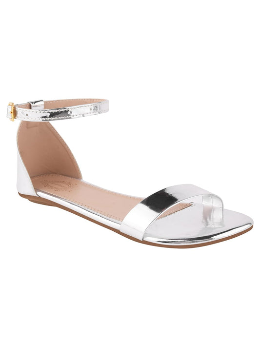 GLEMATOZ Stylish Silver Flat Sandals for Women Casual Dressy Slip-On ||Flats Soft Cushioned Sole Perfect Daily Footwear Travel EU37