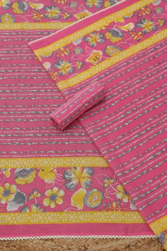 Soch Womens Pink Cotton Floral Printed Dress Material With Lace Inserts