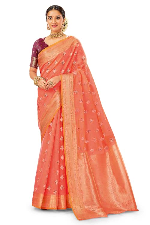 KARAGIRI Womens Banarasi Silk Peach Saree With Blouse Piece