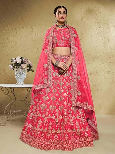 Zeel Clothing Women's Thread Sequins Embroidery Silk Bridal New Semi-stitched Lehenga Choli Set With Dupatta(7055-Peach-Wedding-Bridal-Stylish-Latest; Free Size)