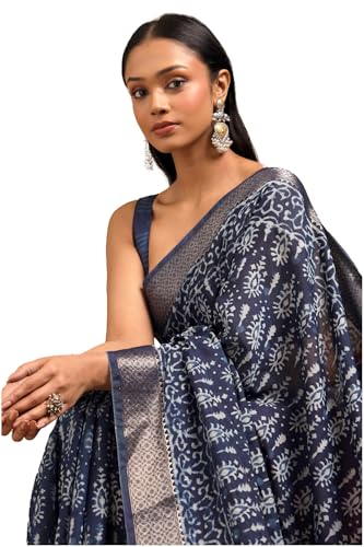 Soch Womens Indigo Viscose Block Print Saree
