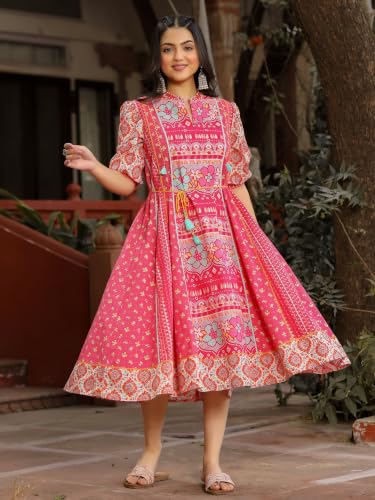 Juniper Pink Floral Printed Pure Cotton Dress & Doris with Beads Work