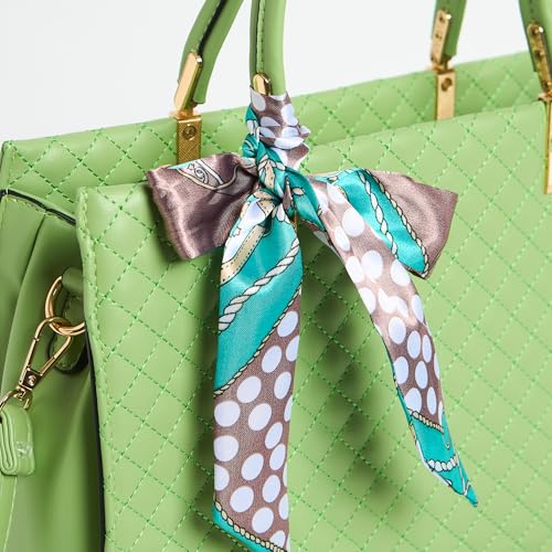 Chumbak Sage Quilted Handbag with Scarf, Sage Green, Multipurpose Hand Bag with Pouch for Shopping, Hand Held Bag for Women and Girls, Solid Colour Handbag