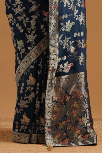 Soch Womens Navy Blue Crepe Bird Motifs Zari Woven Saree