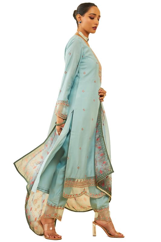 Soch Womens Powder Blue Chanderi Embroidered Suit Set With Sequins