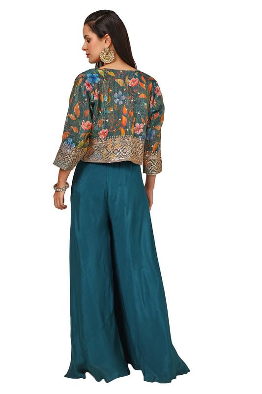 Soch Womens Teal Tissue Embroidered Co-Ord Set With Sequins