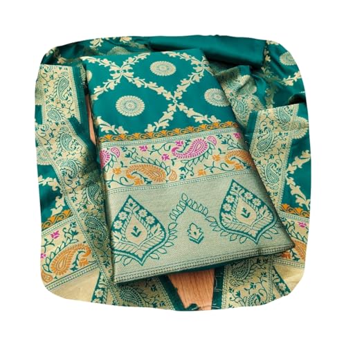 SHANTVAN GALLERY Pure Zari Silk Suit Dress Material for Woman premium banarasi dress materials for women with soft silk top bottom and dupatta unstitched set in elegant Mango design - Teal