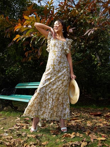 Olive Floral Back Tie-Knot Detail Maxi Dress