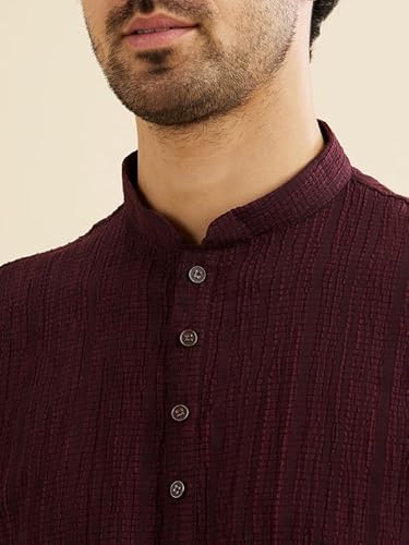 Manyavar Men's Spandex Textured Short Kurta (Wine,L)