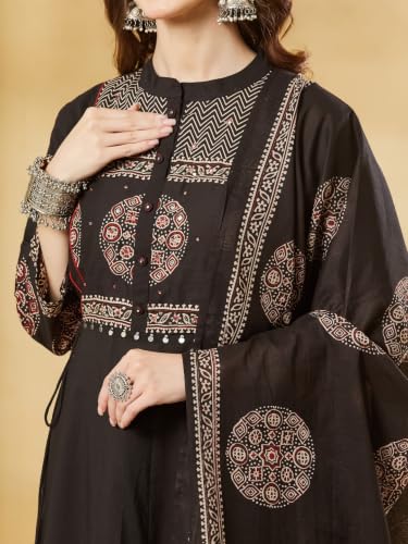 Divena Black Cotton Anarkali kurta Pant set With Dupatta