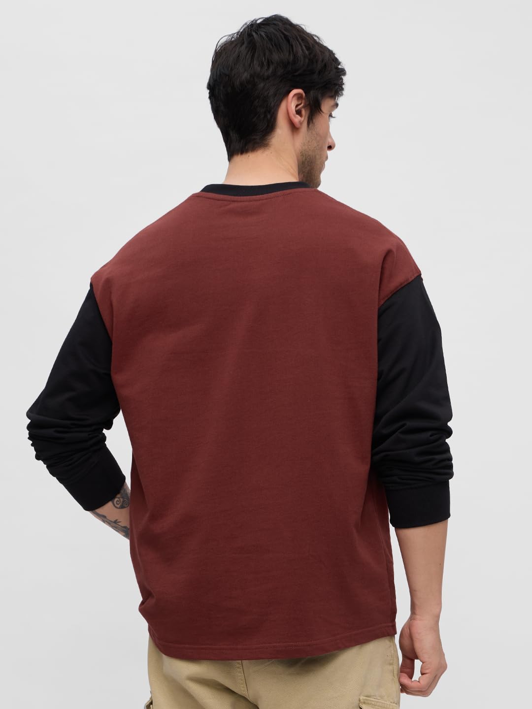 The Souled Store Naruto Shippuden: Konoha Leaf Rogue Men and Boys Round Neck Brown Colour Block Cotton Oversized Full Sleeve T-Shirts