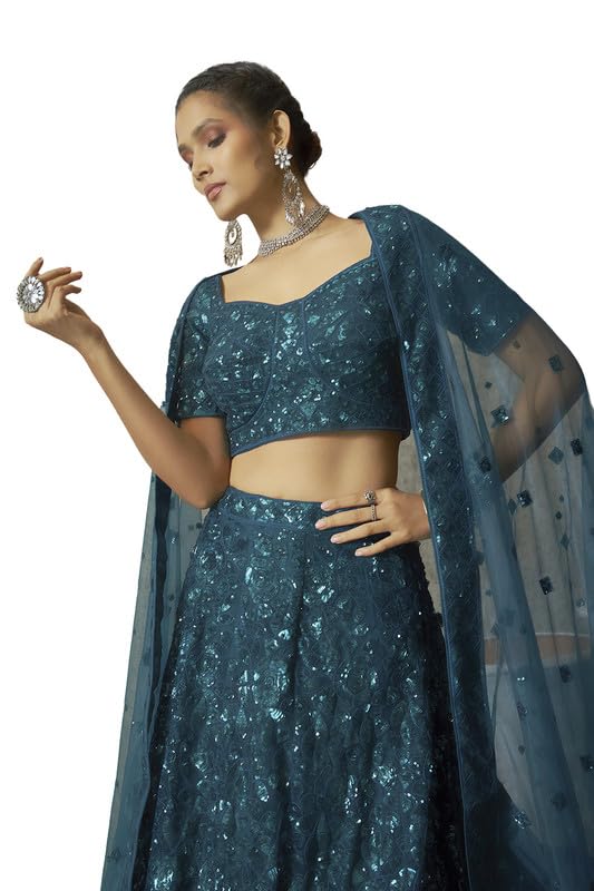 Soch Womens Teal Net All-Over Floral Pattern Sequin Embellished Unstitched Lehenga Set