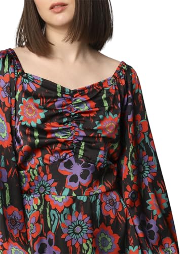 ONLY Women Floral Printed Fit and Flare Casual Dress Jet Black