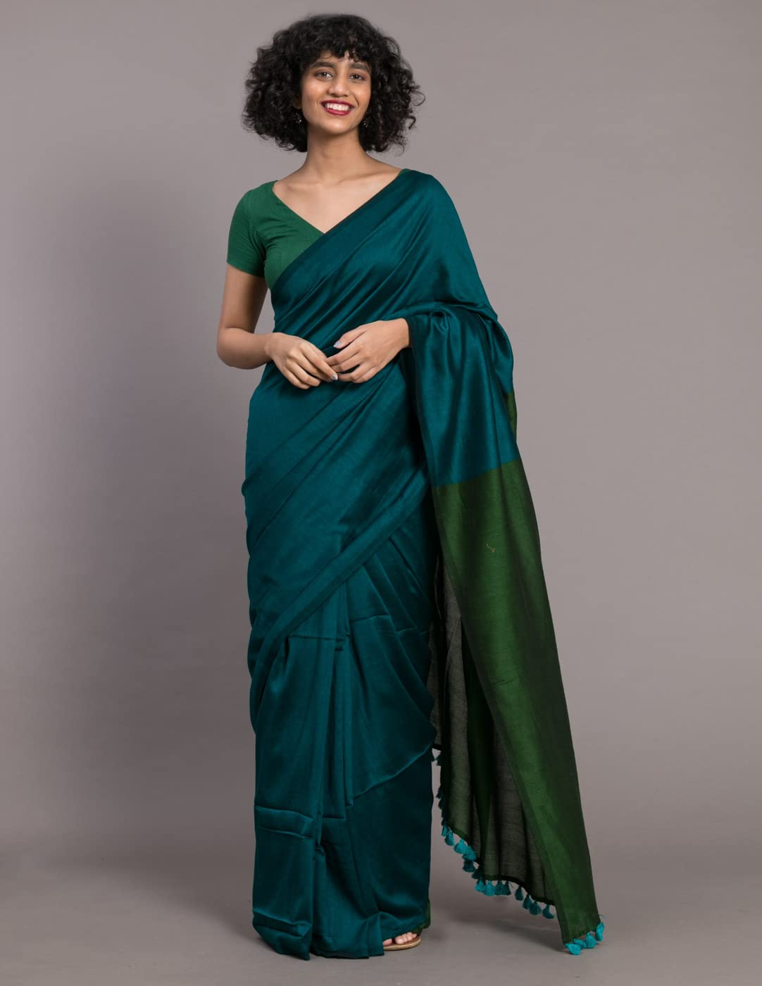 Suta Women's Plain Cotton Blend Saree Without Blouse Piece| Blue Saree| Plain Blue Saree| Plain Cotton Saree Saree