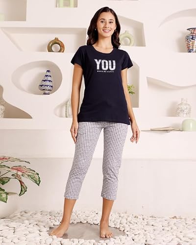 BODYCARE Women's Cotton Printed T-Shirt and Capri Set | Soft & Breathable Nightwear | Short Sleeves | Loungewear Co-Ord Set| BSCS16038_100 Multicolour