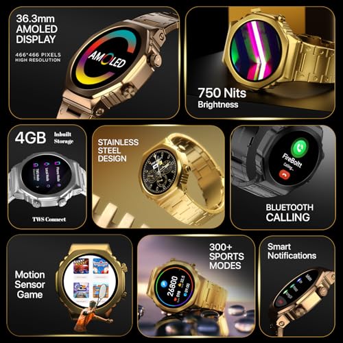 Fire-Boltt Onyx- 36.3mm AMOLED Always On Display Smart Watch, 466 * 466 High Resolution, Bluetooth Calling, Steel Design, IP67, 4GB Storage, 300+ Sports Modes, 130+ Watch Faces (Black)