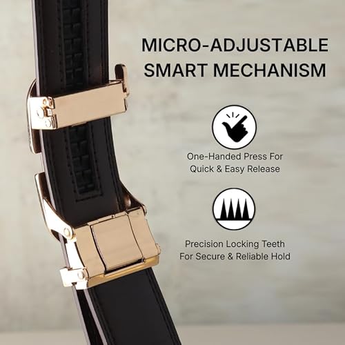 HAYES LONDON Genuine Leather Belt for Men with Auto Lock Ratchet Buckle | No Hole Micro Adjustable Slide Lock Belt | Premium Casual & Office Wear Men’s Belt, (Onesize) Vanguard_Brown_Gold