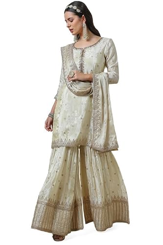 Soch Womens Cream Brocade Sharara Suit Set with Sequins