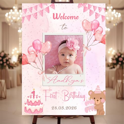 Party Perfect Designs Customizable 1st Birthday Welcome Sign for Girls - Pink Watercolor Balloons & Teddy Bear Design - Personalized Birthday Party Entrance Board with Photo - Pink, Vinyl Pasted, 4 Sizes, First Birthday Theme