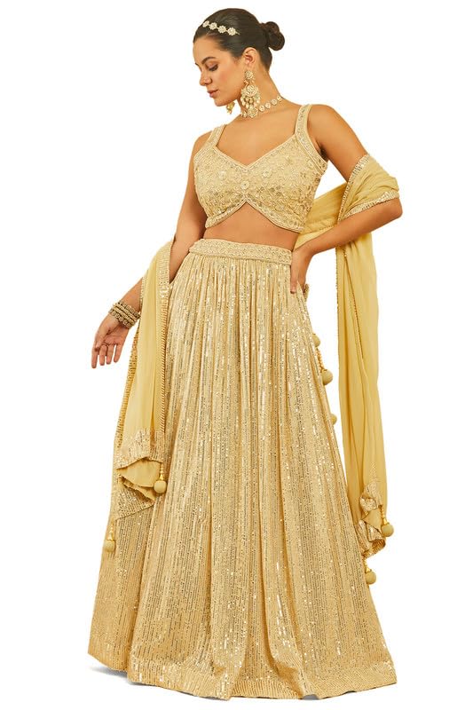 Soch Womens Gold Georgette Embellished Lehenga Choli