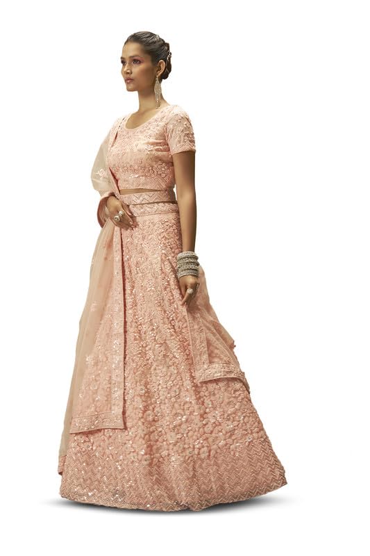 Soch Womens Peach Net Floral Embroidered Sequin Embellished Unstitched Lehenga Set