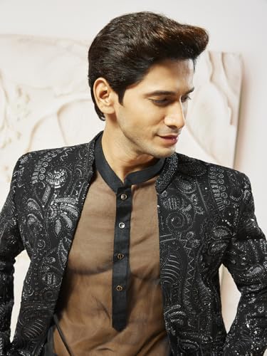VASTRAMAY Men's Black Organza Indo Western, Kurta, Pant Set, Allover Embroidered Sherwani,Kurta And Pyjama Set For Men's, Traditional Indian Wear for Weddings & Festivals