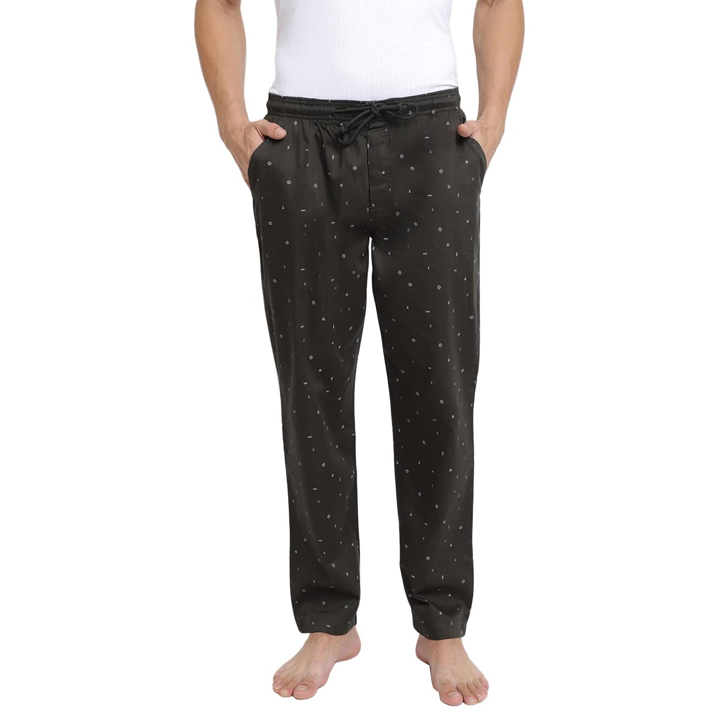 Van Heusen Men Athleisure Allover Print Pyjamas - 100% Combed Cotton - Drawstring Waist, Ultra Soft_50082_APP14_L Green