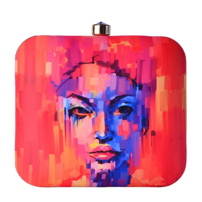 Artklim Blue Face Lady Clutch With Bright Orange Background