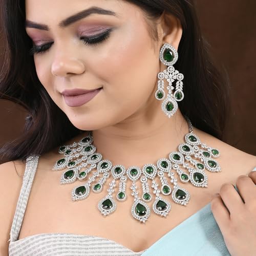 VOYLLA Sparkling Elegance Emerald Green Statement American Diamond Necklace Set|Collar Necklace Set For Women|American Diamond Necklace Set For Women|Gift For Her|Rakhi Gift For Sister|