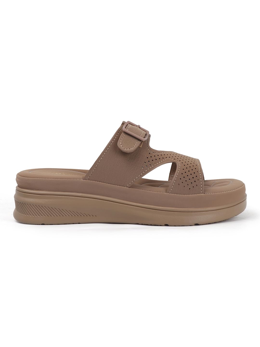 Women Slide Sandals with Perforated Upper and Buckle Detail for All-Day Comfort (Chiku, UK Footwear Size System, Adult, Women, Numeric, Medium, 4)