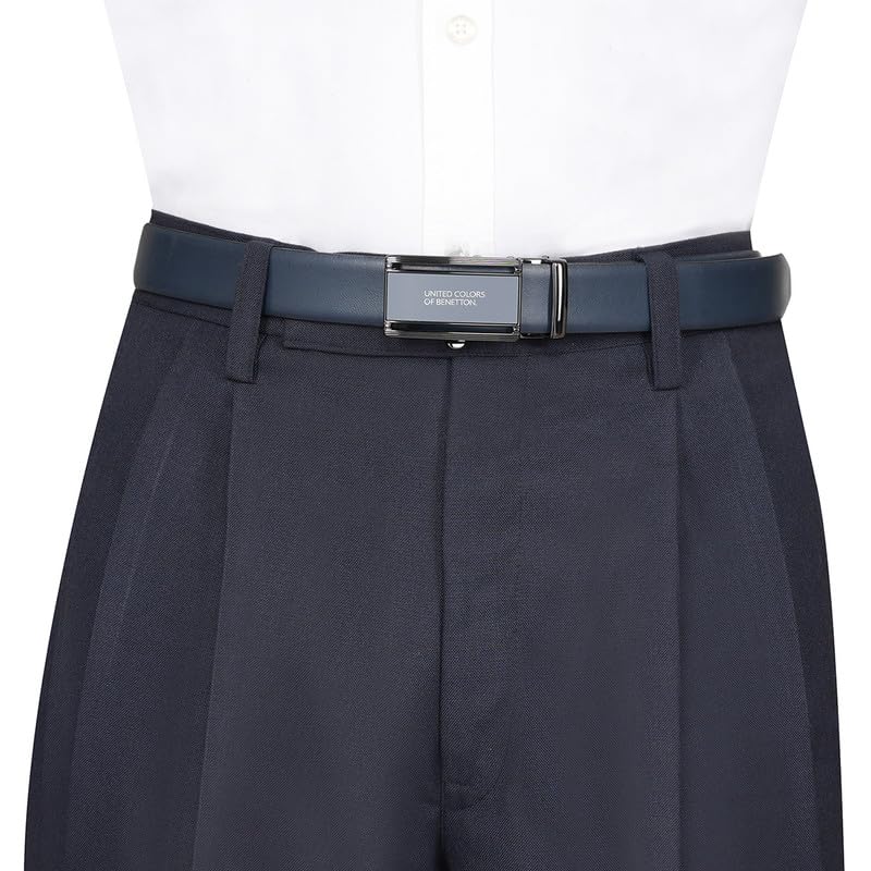 United Colors of Benetton Men's Leather Belt Stovall | Auto-Lock Formal Belt - Fine Milled Textured Navy (L - 100cm) | Ideal for Gifting