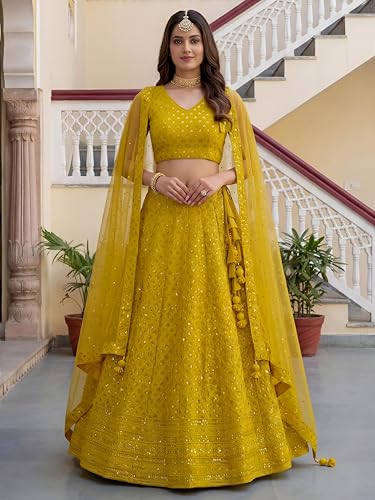 Zeel Clothing Women's Sequins Thread Embroidered Georgette Lehenga Choli With Dupatta (5124-Yellow-Women-New-Lehenga-Choli; Free size) (Yellow)