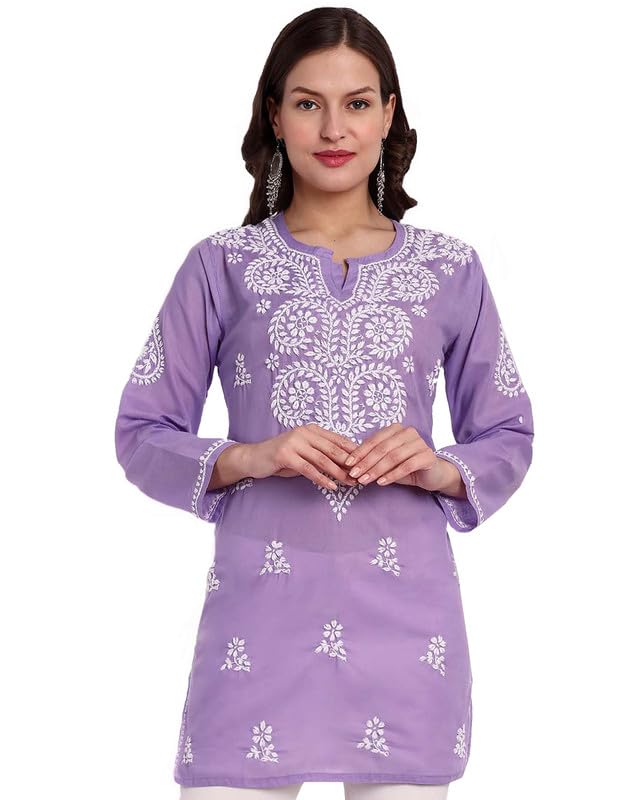 Ada Hand Embroidered Lucknowi Chikankari Cotton Straight Short Kurti Top for Women A911343 Lavender (M)