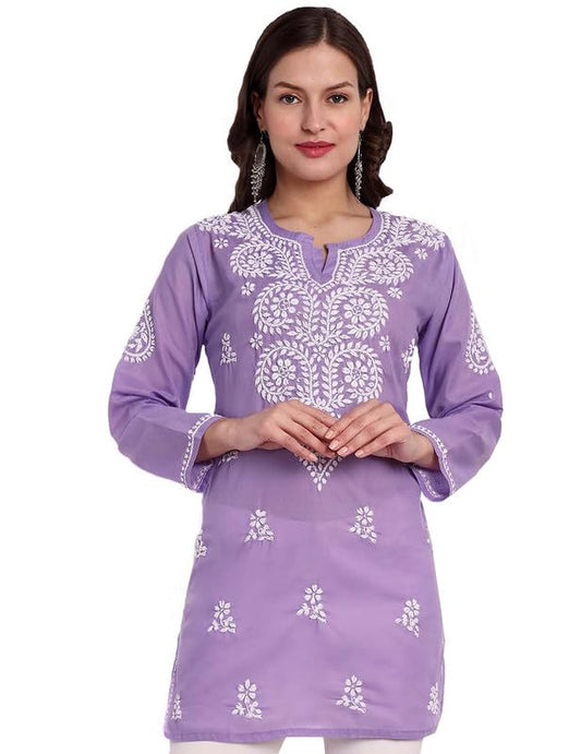 Ada Hand Embroidered Lucknowi Chikankari Cotton Straight Short Kurti Top for Women A911343 Lavender (M)
